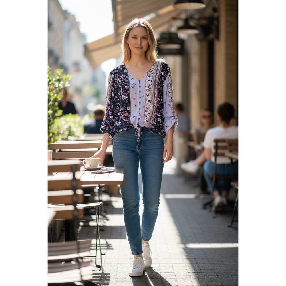 a.n.a Floral Mixed-Print Blouse - Navy, Pink, and White